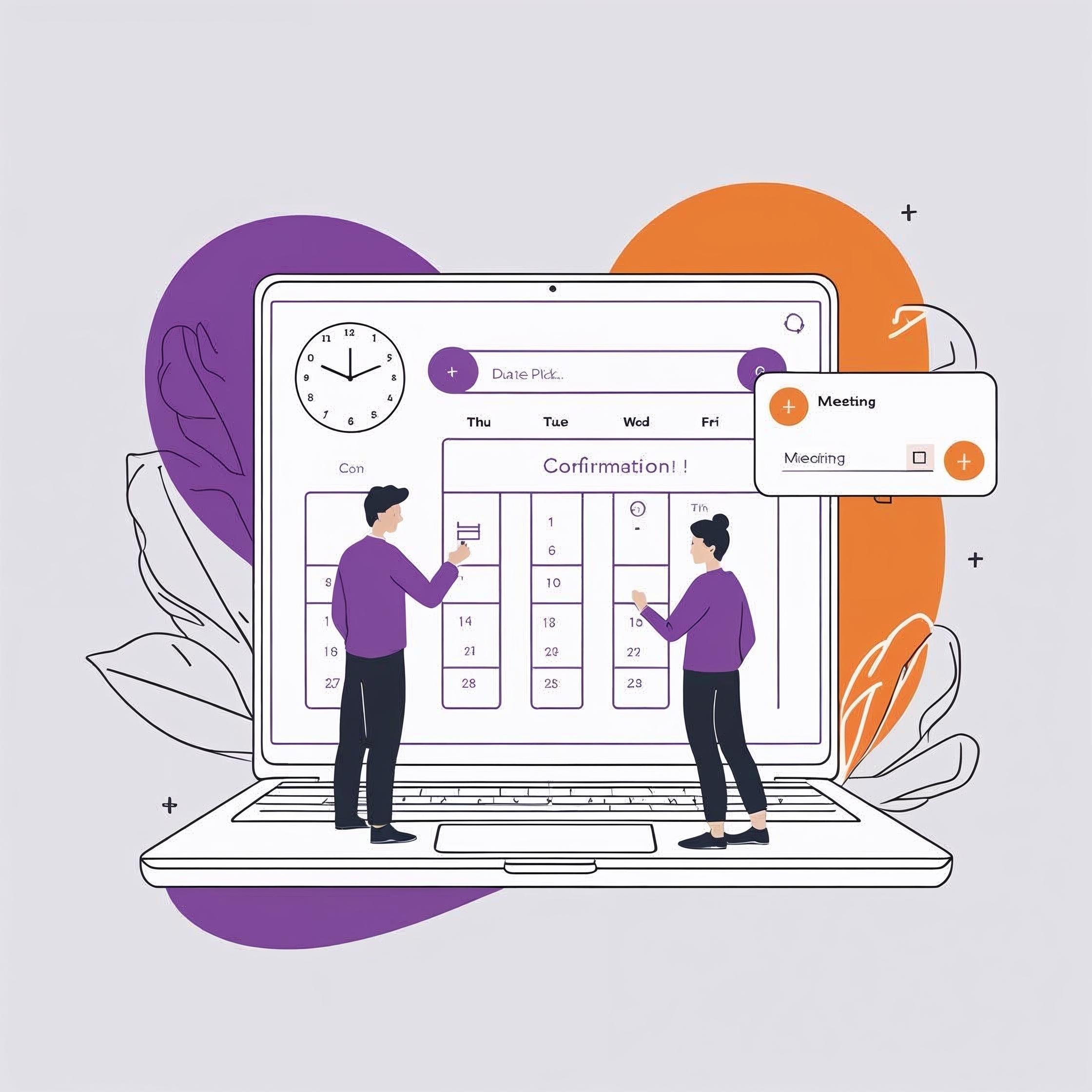 A minimalist, line-art style illustration of a person scheduling or requesting a meeting. Show a gender-neutral person interacting with a calendar on a laptop or mobile device, with icons like a clock, date picker,