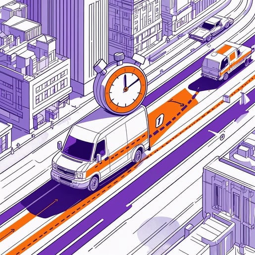 A modern line-art illustration of a fast delivery in action. A courier on a van moves through a cityscape with a package. A clock icon or stopwatch shows 1-hour timing. Dashed delivery route lines lead to a des (1)-1
